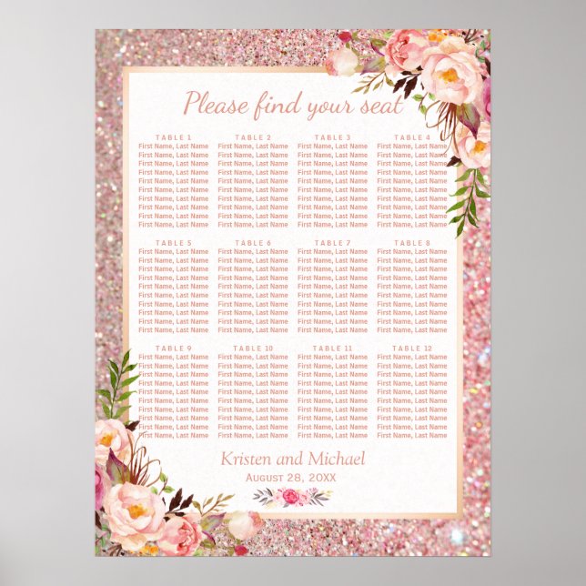 Rose Gold Floral Wedding Seating Plan Chart (Front)