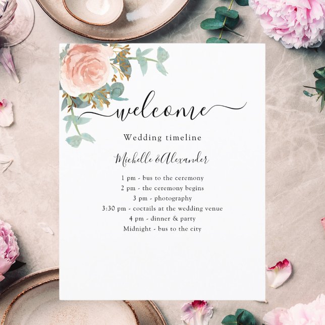 Rose gold floral wedding timeline program (Creator Uploaded)