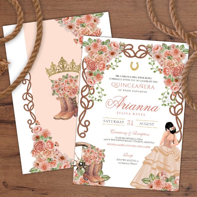 Rose Gold Floral Western Charra Quinceañera Invitation (Creator Uploaded)