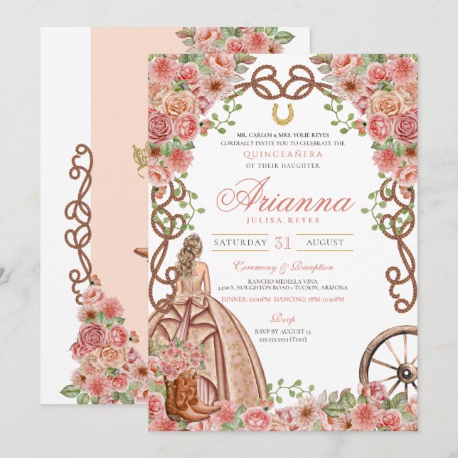 Rose Gold Floral Western Elegant Quinceañera Invitation (Front/Back)