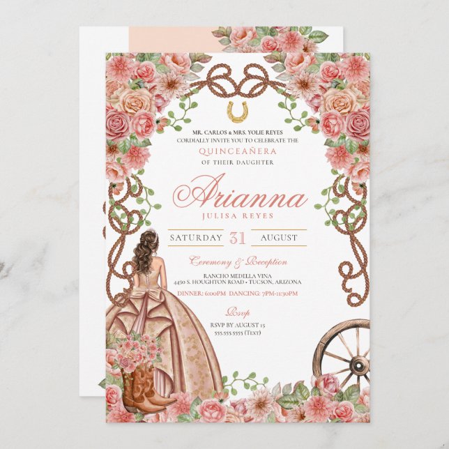 Rose Gold Floral Western Elegant Quinceanera Invitation (Front/Back)