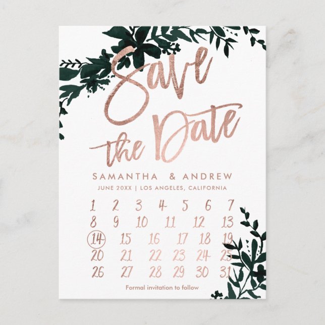 Rose gold floral white calendar save the date announcement postcard (Front)