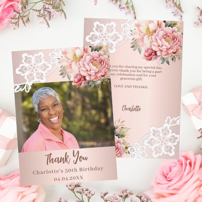 Rose gold floral white lace birthday photo thank you card (Creator Uploaded)