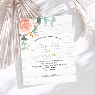 Rose gold floral white wood budget wedding