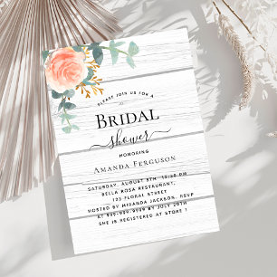 Rose gold floral white wood luxury Bridal Shower Invitation