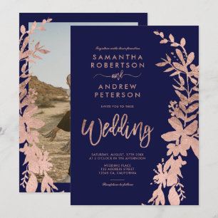 Rose gold floral wreath chic navy blue wedding invitation