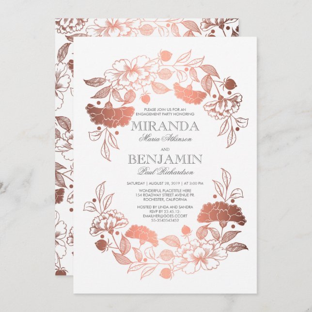 Rose Gold Floral Wreath Elegant Engagement Party Invitation (Front/Back)