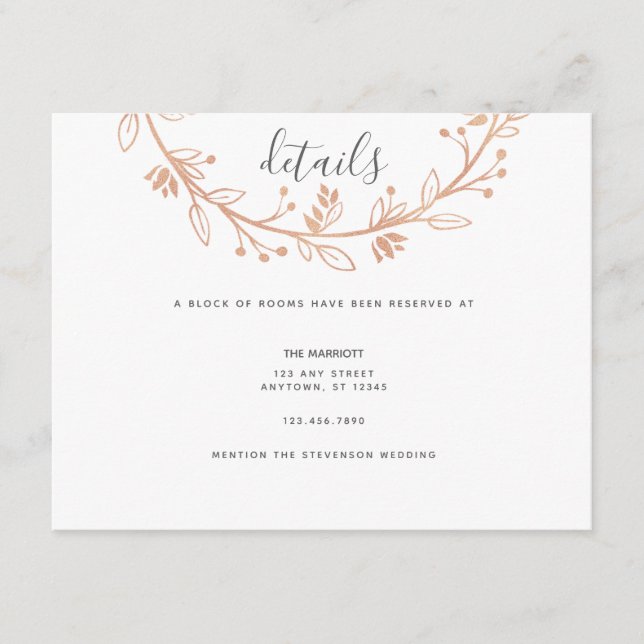 Rose Gold Floral Wreath Modern Wedding Detail Card (Front)