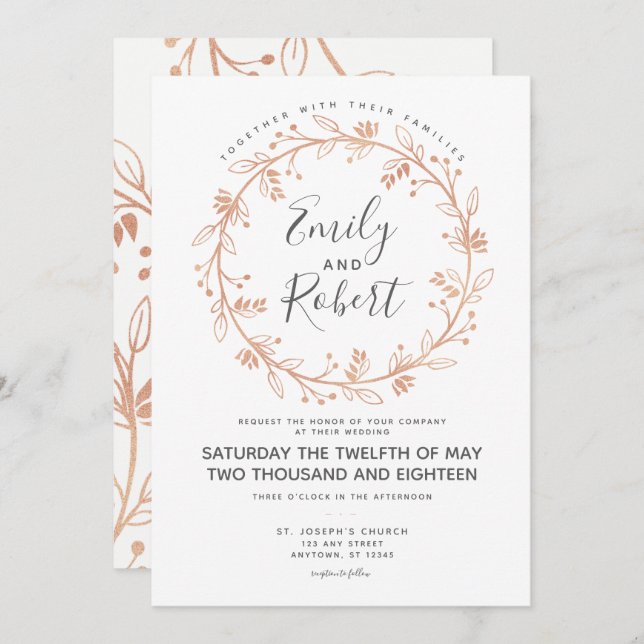 Rose Gold Floral Wreath Modern Wedding Invitation (Front/Back)