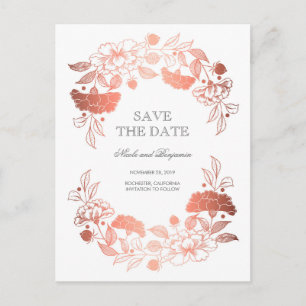 Rose Gold Floral Wreath Peonies Save the Date Announcement Postcard