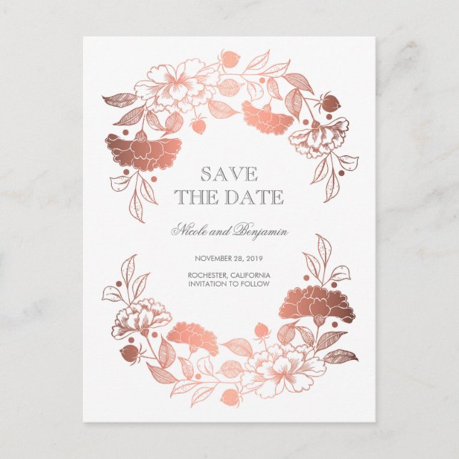 Rose Gold Floral Wreath | Peonies Save the Date Announcement Postcard (Front)