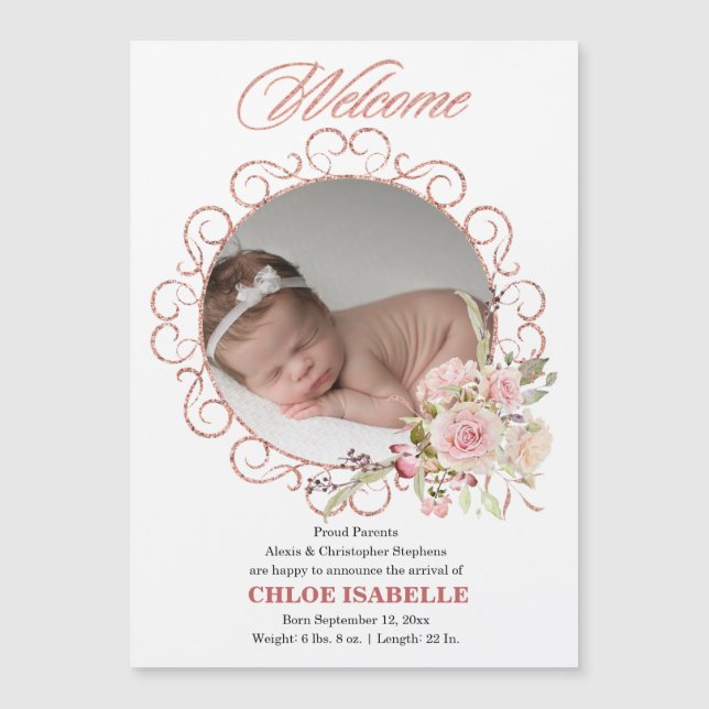 Rose Gold Floral Wreath Photo Birth Announcement (Front)