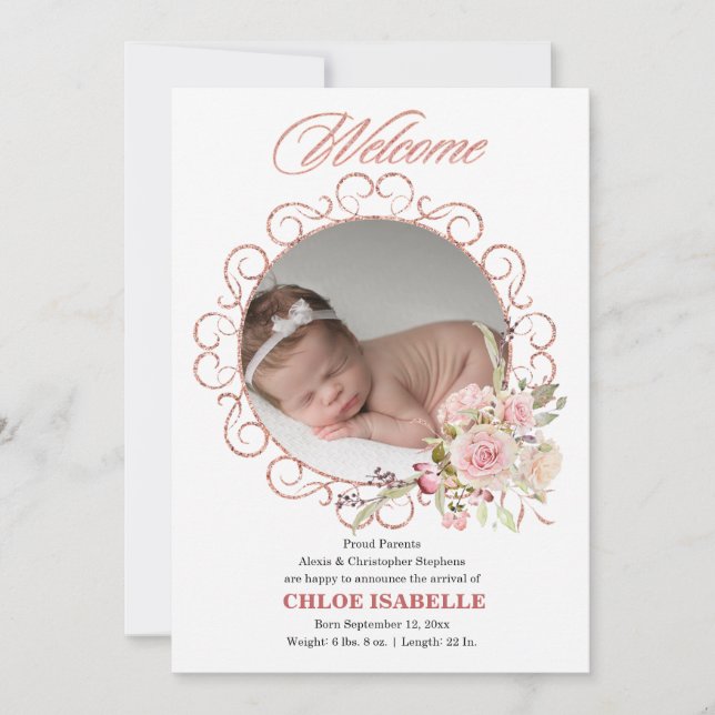 Rose Gold Floral Wreath Photo Birth Announcement (Front)