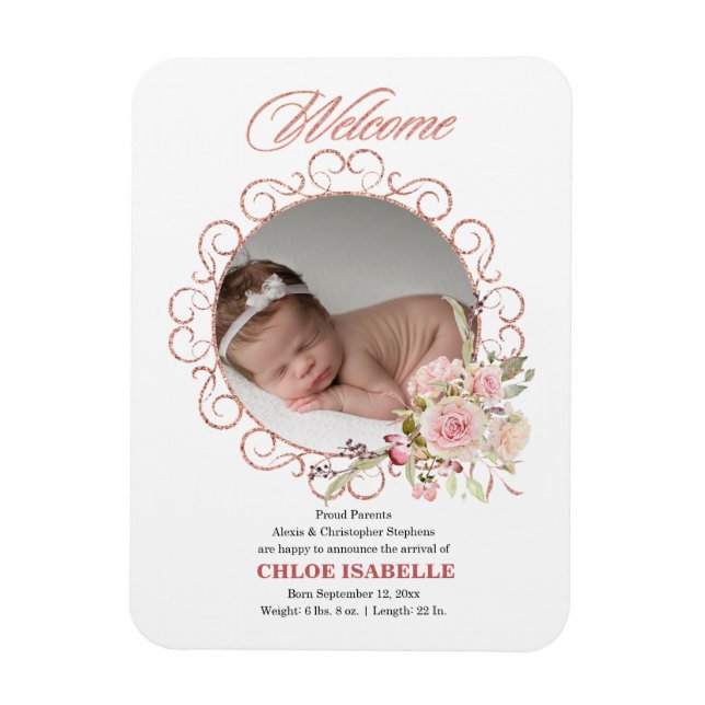 Rose Gold Floral Wreath Photo Birth Announcement Magnet (Vertical)