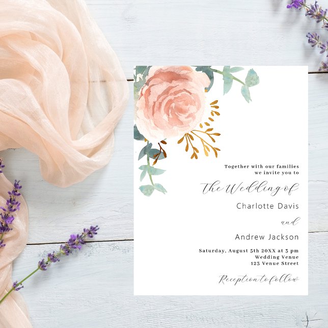 Rose gold florals budget wedding invitation (Creator Uploaded)