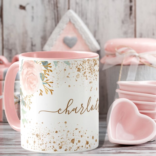Rose gold florals eucalyptus gold glitter name mug (Creator Uploaded)