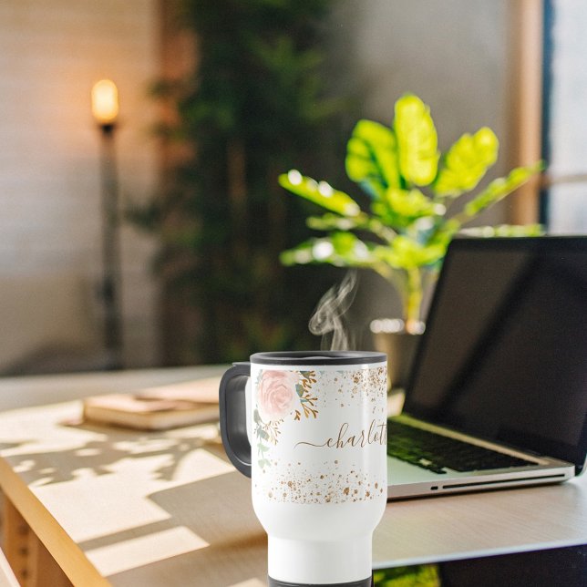 Rose gold florals eucalyptus gold glitter name travel mug (Creator Uploaded)