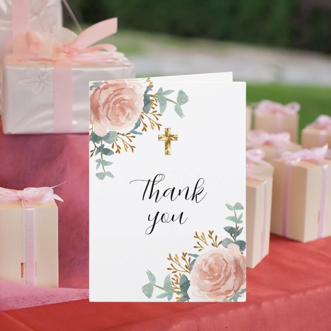 Rose gold florals eucalyptus photo christening thank you card (Creator Uploaded)