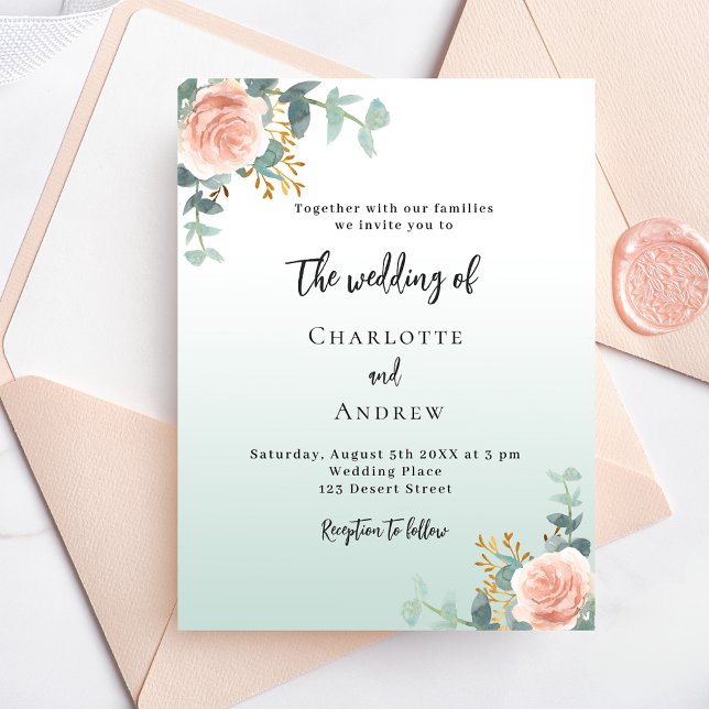 Rose gold florals green budget wedding invitation flyer (Creator Uploaded)