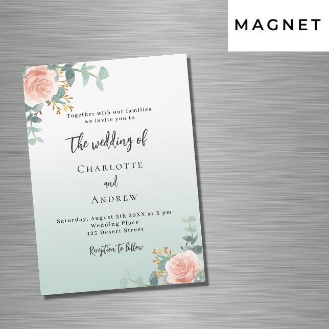 Rose gold florals green luxury wedding magnetic invitation (Creator Uploaded)