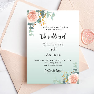 Rose gold florals green wedding invitation