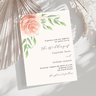 Rose gold florals greenery beige wedding invitation