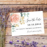 Rose gold florals greenery birthday Save the Date<br><div class="desc">White background decorated with a large rose gold and blush pink rose,  flower,  golden sprigs and eucalyptus greenery.  Personalise and add a date and name/age.  The text: Save the Date is written with a large trendy hand lettered style script.</div>