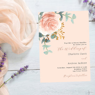 Rose gold florals greenery peach wedding invitation