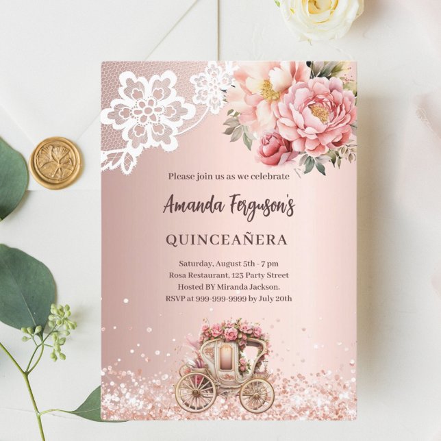 Rose gold florals lace carriage Quinceanera Invitation (Creator Uploaded)