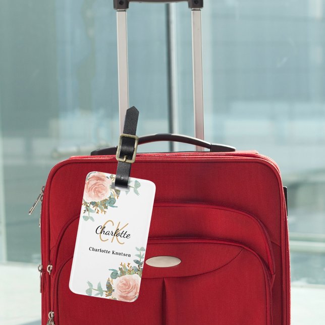 Rose gold florals monogram elegant luggage tag (Creator Uploaded)