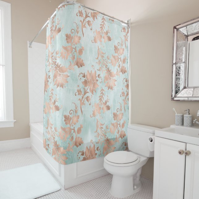 Rose Gold Florals on Distressed Teal Shower Curtain (In Situ)