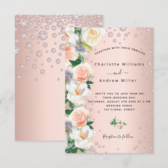 Rose gold florals pink diamonds wedding invitation (Front/Back)