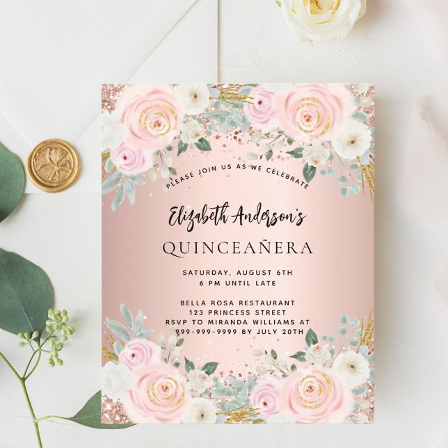 Rose gold florals Quinceanera budget invitation (Creator Uploaded)