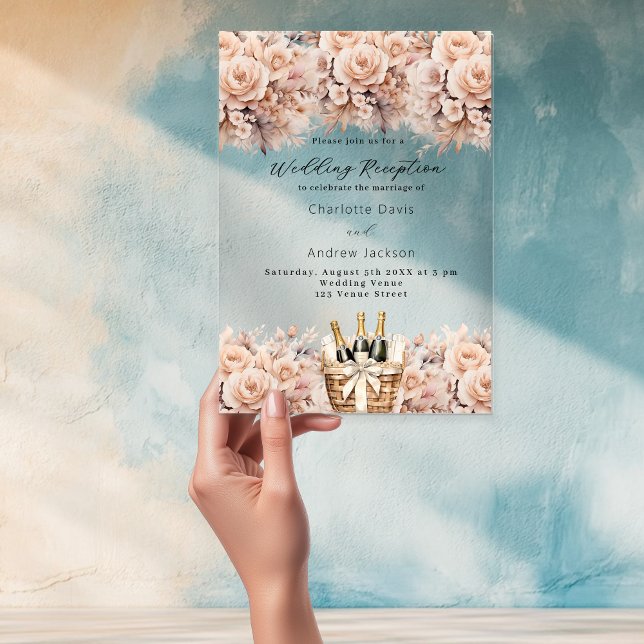 Rose gold florals sparkling wine wedding reception acrylic invitations (Creator Uploaded)