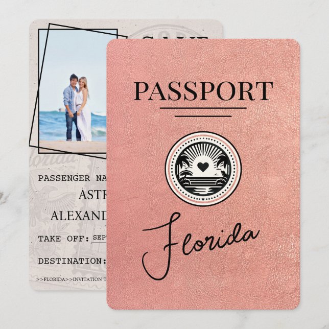 Rose Gold Florida Passport Save The Date (Front/Back)
