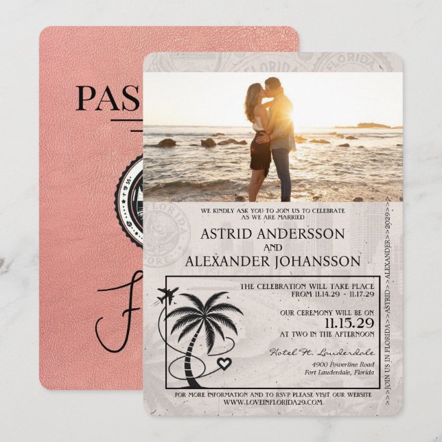 Rose Gold Florida Passport Wedding Invitation (Front/Back)