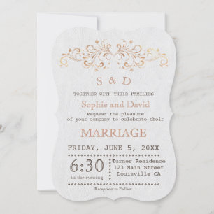 Rose Gold Flourish Swirl White Wedding Invite