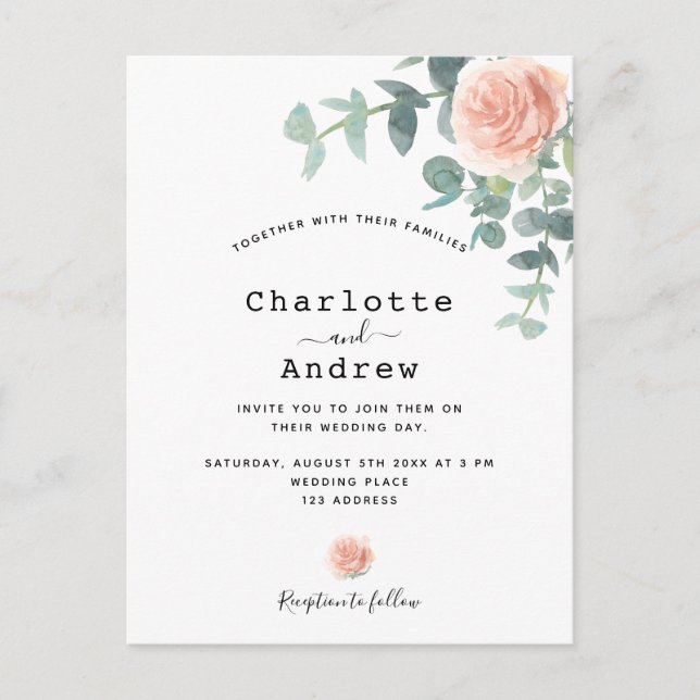 Rose gold flower eucalyptus greenery  wedding postcard (Front)
