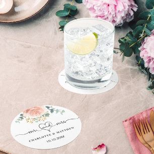 Rose gold flower greenery mr mrs wedding round paper coaster