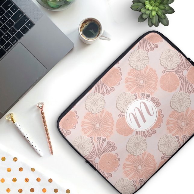 Rose Gold Flower Pattern & Monogram Laptop Sleeve (Rose Gold Floral Pattern with Monogram Laptop Sleeve)