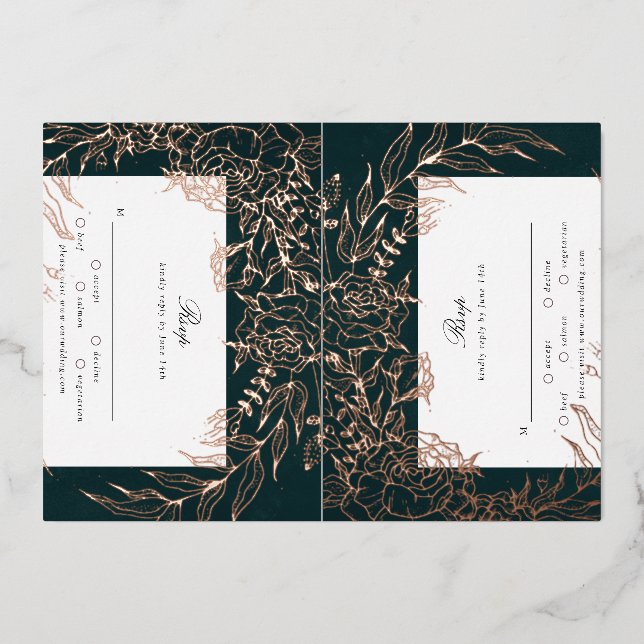 Rose Gold Flower Wreath Emerald TWO Foil RSVP Card (Front)