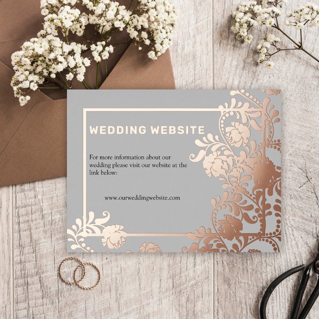 Rose Gold Flowers and Frame Wedding Website Foil Invitation Postcard (Rose Gold Elegance Foil Wedding Website Card by the Elegant Wedding)