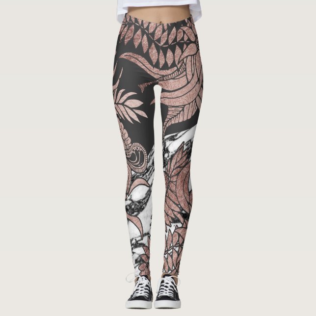 Rose Gold Flowers and Modern Black and Marble Cut Leggings (Front)