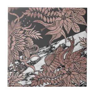 Rose Gold Flowers and Modern Black and Marble Cut Tile