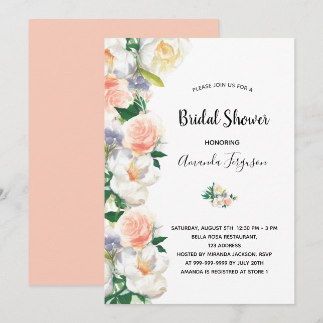 Rose gold flowers blush pink white bridal shower invitation (Front/Back)