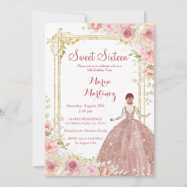 Rose Gold Flowers Gold Glitter Blush Pink Sweet 16 Invitation (Front)
