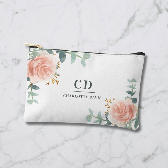 Rose gold flowers greenery name monogram accessory pouch (Creator Uploaded)
