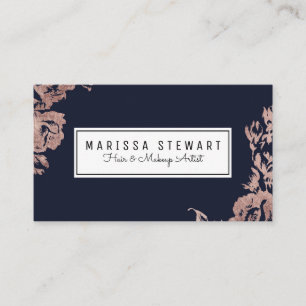 Rose Gold Flowers Navy Blue Business Card