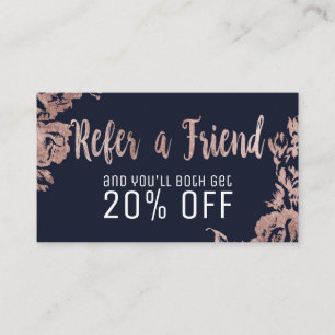 Rose Gold Flowers Navy Blue Referral Card