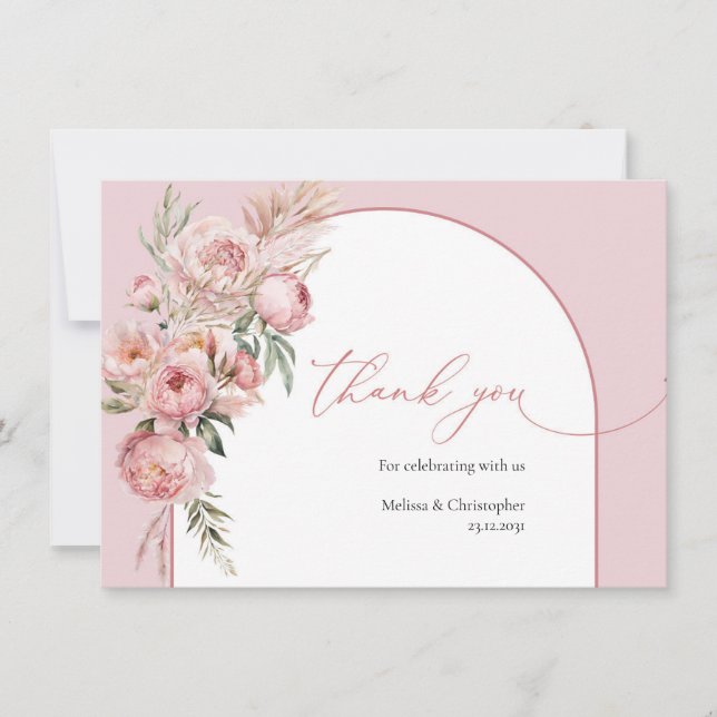 Rose gold flowers pampas grass boho arch thank you card (Front)